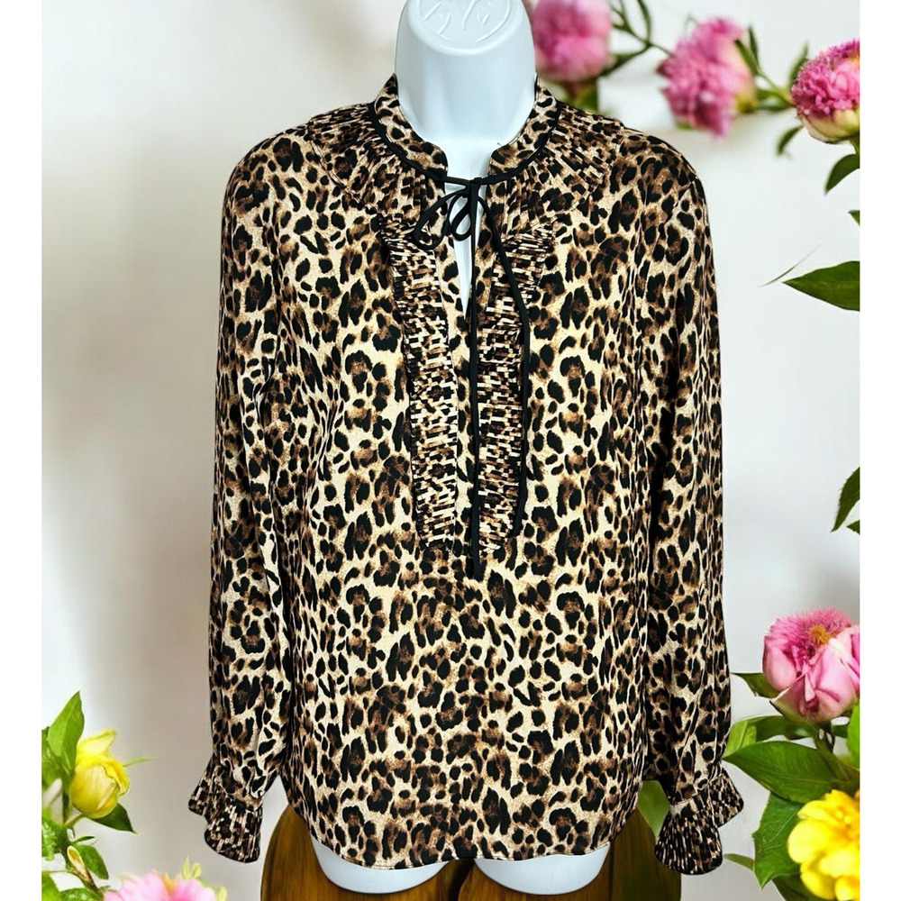 IMNYC Isaac Mizrahi Animal Print Blouse Sz S V-Neck Long-Sleeve Pleated Collar